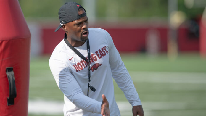Arkansas Razorbacks defensive coordinator Travis Williams during practices