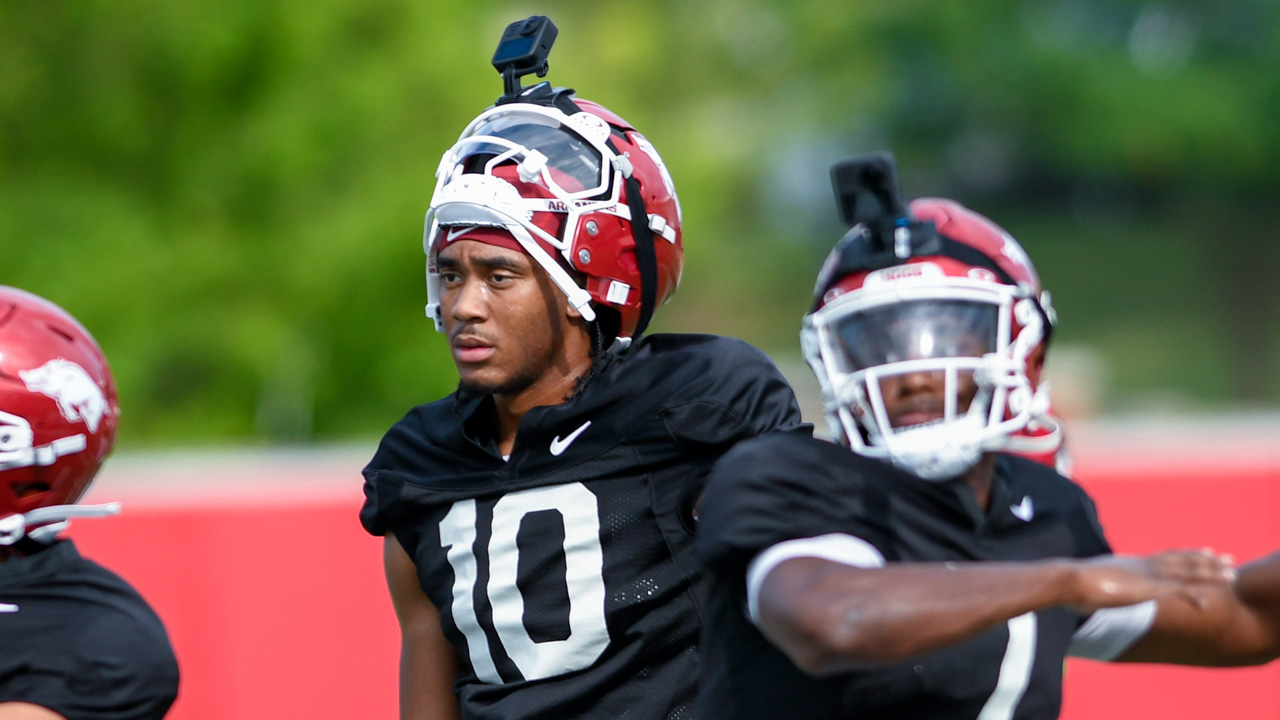 Arkansas Razorbacks quarterback Taylen Green in a break during preseason drills