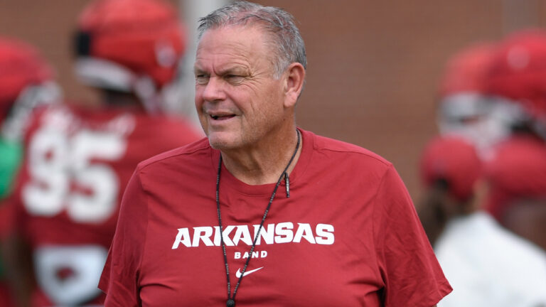 Arkansas Razorbacks coach Sam Pittman during practices on the outdoor fields