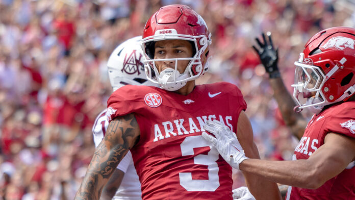 Arkansas Razorbacks wide receiver CJ Brown after a touchdown catch against the Alabama A&M Bulldogs