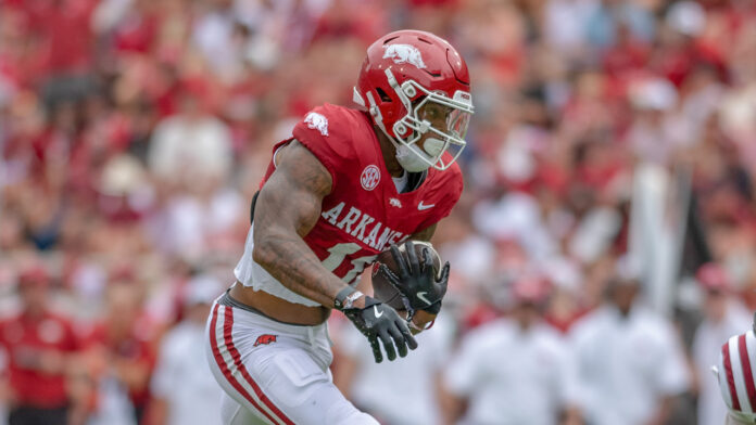 Arkansas Razorbacks wide receiver Monte Harrison runs upfield after a catch against the Alabama A&M Bulldogs