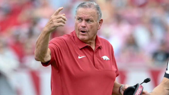 Arkansas Razorbacks coach Sam Pittman on the sidelines during the game with the Alabama A&M Bulldogs