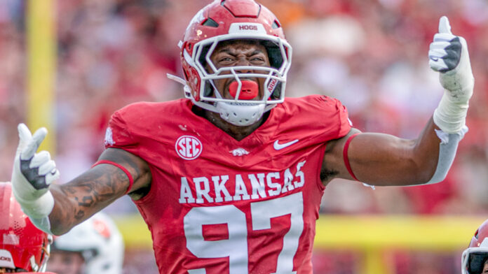 Arkansas Razorbacks defensive lineman Quincy Rhodes during game against the Arkansas State Red Wolves