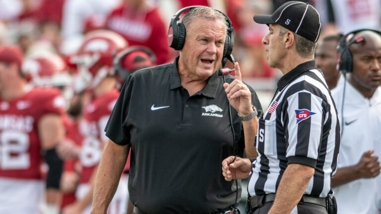 Arkansas Razorbacks coach Sam Pittman on the sidelines against Arkansas State