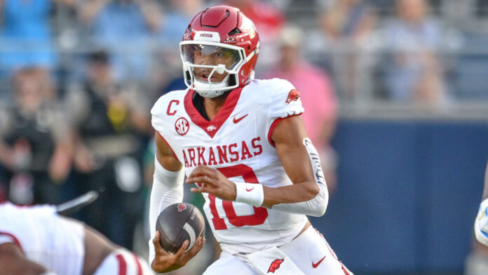 Arkansas Razorbacks quarterback Taylen Green during warmups before a game against the Ole Miss Rebels