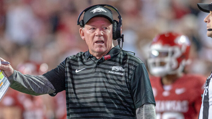 Arkansas Razorbacks interim coach Bobby Petrino on the sidelines against the Texas A&M Aggies