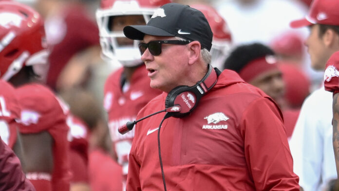 Arkansas Razorbacks interim coach Bobby Petrino on the sidelines against the Texas A&M Aggies