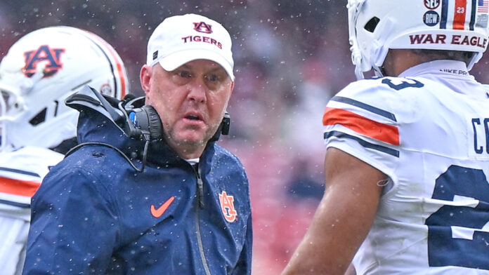 Auburn Tigers coach Hugh Freeze during game with the Arkansas Razorbacks