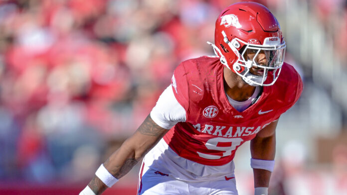Arkansas Razorbacks defensive lineman Charlie Collins on the field against the Mississippi State Bulldogs