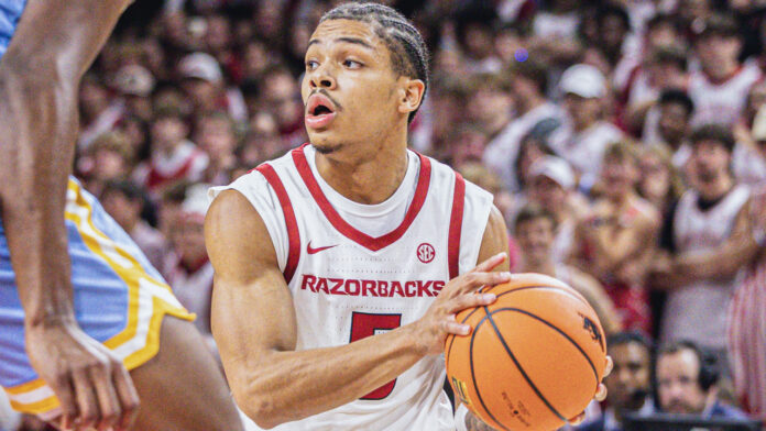 Arkansas Razorbacks guard Darius Acuff drives for a shot against the Southern Jaguars