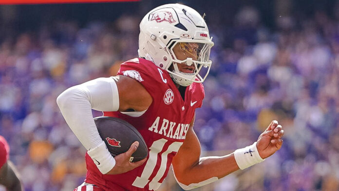 Arkansas Razorbacks quarterback Taylen Green scrambling during game against LSU Tigers
