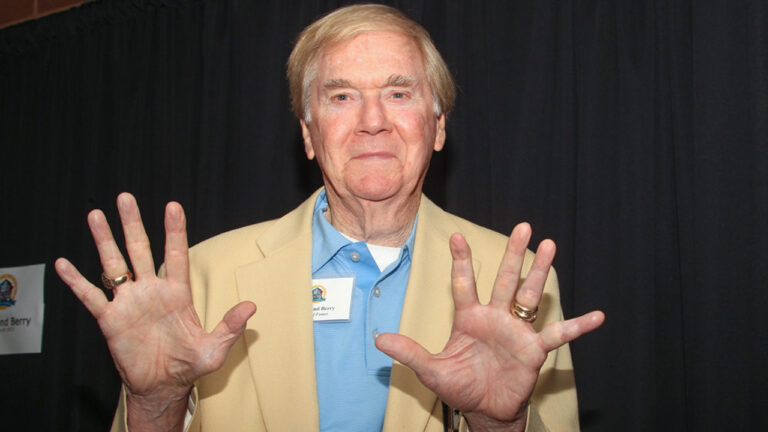 Former Colts receiver Raymond Berry shows the hands that were considered the best hands at the Pro Football Hall of Fame in Canton, Ohio