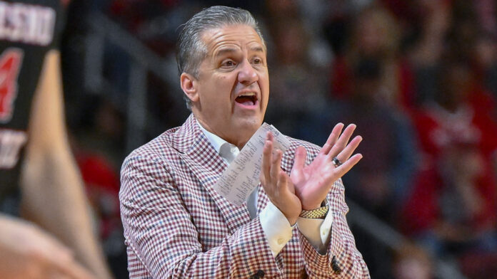 Razorbacks coach John Calipari on the sidelines against Fresno State at Simmons Bank Arena in North Little Rock, Ark.