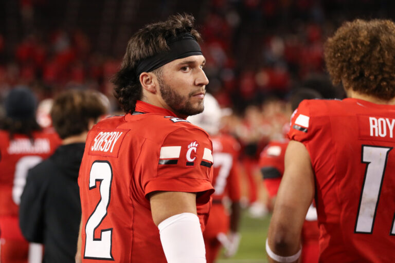 Cincinnati Bearcats quarterback Brendan Sorsby (2) walks off the field after a game against the Baylor Bears