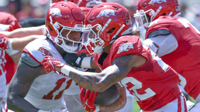 Razorbacks wide receiver Monte Harrison after a catch in the Red-White Game