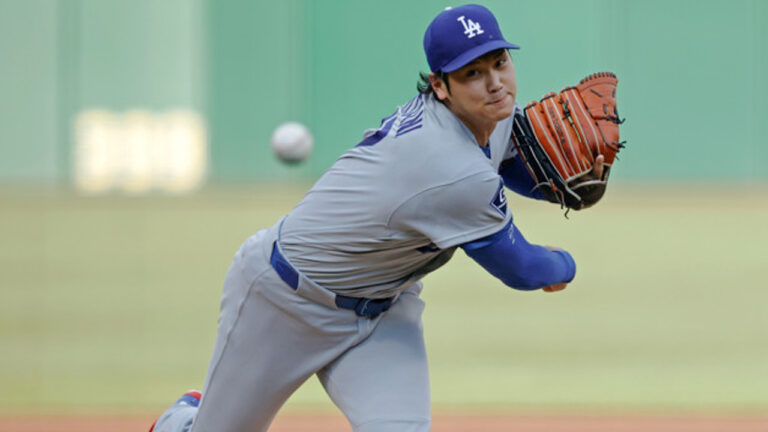 Shohei Ohtani (17) of the Los Angeles Dodgers delivers a pitch during an MLB game against the Pittsburgh Pirates at PNC Park in Pittsburgh