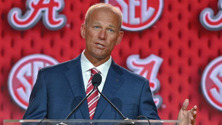 Alabama coach Kalen DeBoer at SEC Media Days in Tampa, Fla.