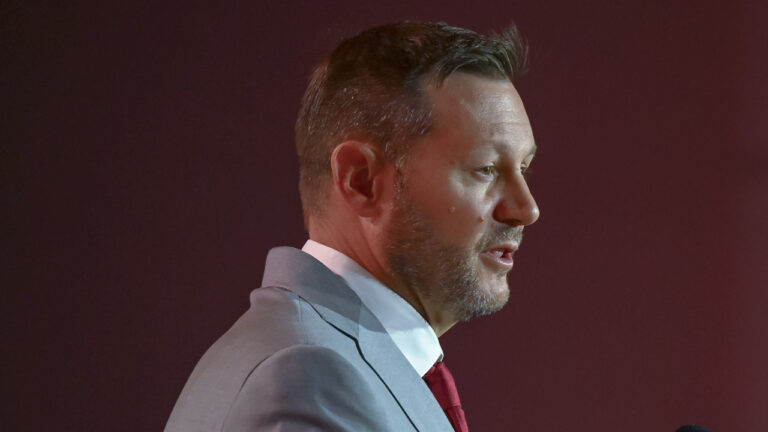 Arkansas coach Ryan Silverfield at SEC Media Days in Tampa, Fla.