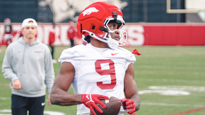 Arkansas Razorbacks wide receiver Jamari Hawkins during spring practice drills.