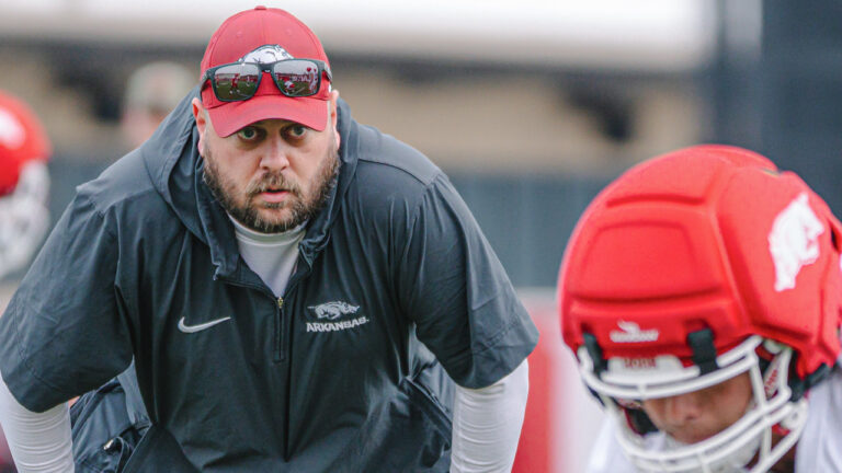 Razorback tight ends coach Morgan Turner during a spring practice in Fayetteville, Ark.