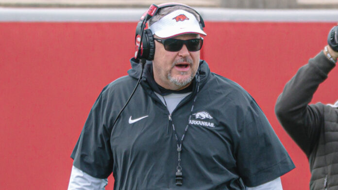 Arkansas Razorbacks offensive coordinator Tim Cramsey during spring practice drills