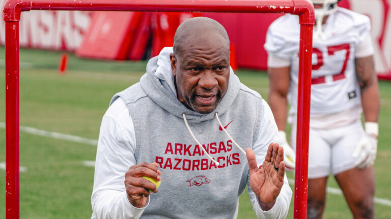 Razorbacks running backs coach David Johnson during fall camp in Fayetteville, Ark.