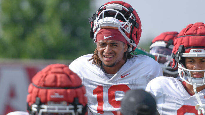 Razorback wide receiver Antonio Jordan during a fall camp practice.