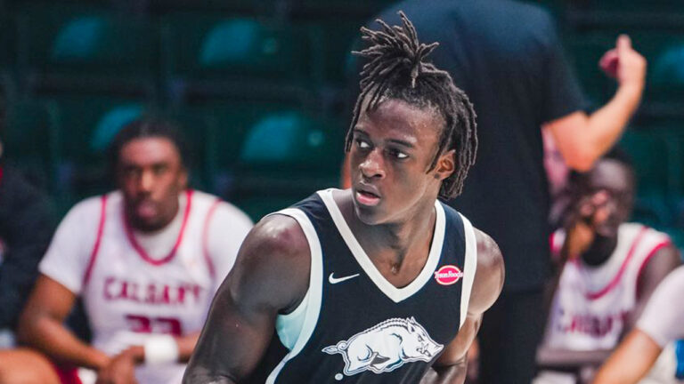 Arkansas Razorbacks Abdou Thiero after a dunk in game against Calgary