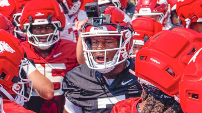 Arkansas Razorbacks quarterback KJ Jackson addressing the team at fall camp practices