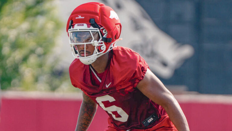 Arkansas Razorback defensive back Khmori House during first day of fall camp practices