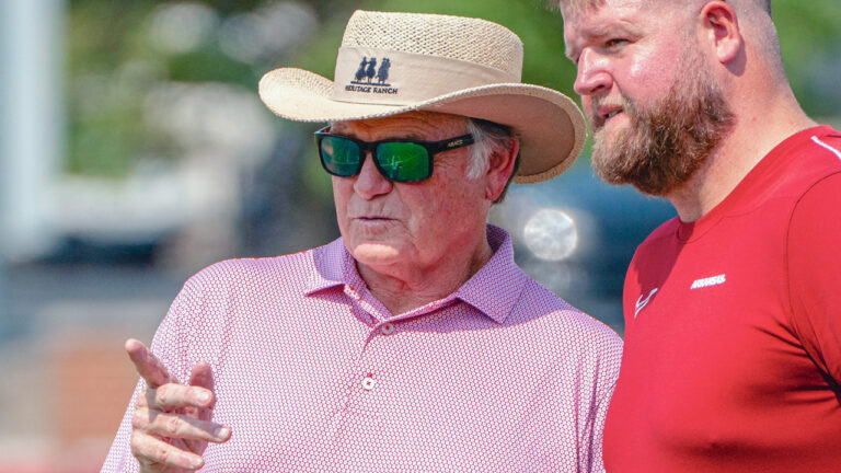 Former Arkansas Razorbacks coach Houston Nutt at practice Monday.