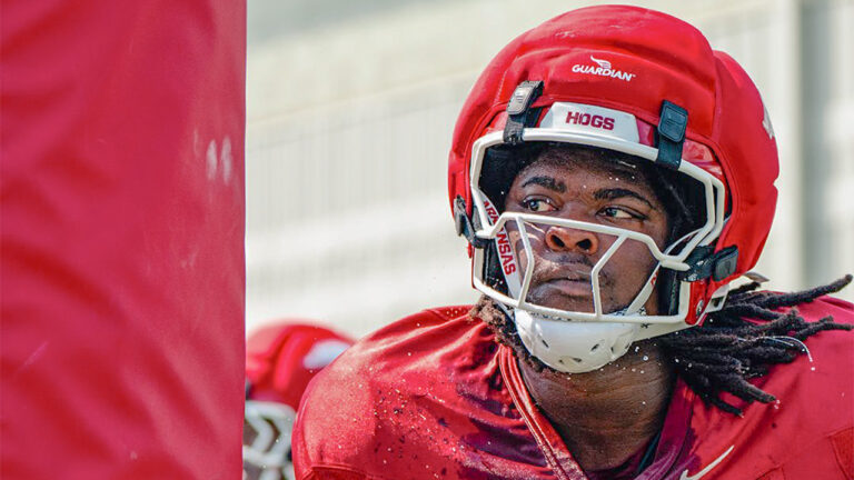 Arkansas Razorbacks defensive lineman Xadavien Sims at fall practices in Fayetteville, Ark.