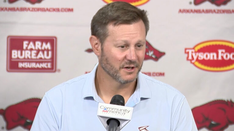 Arkansas Razorbacks coach Ryan Silverfield at press conference before game against North Alabama.