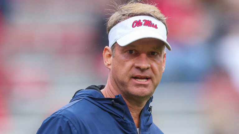 Ole Miss Rebels coach Lane Kiffin on the sidelines in a game against the Arkansas Razorbacks in Fayetteville, Ark.