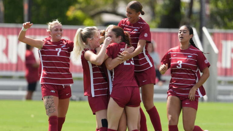 Arkansas Razorbacks soccer celebrates during win over Little Rock.