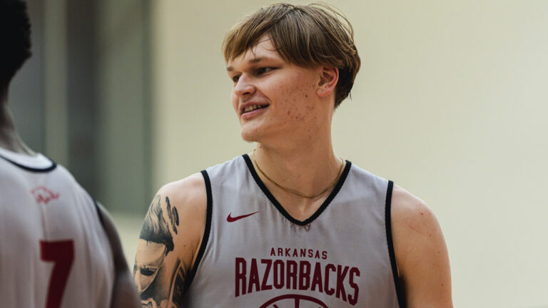 Arkansas Razorbacks wing/forward Mikka Muurinen during practice at the Eddie Sutton Practice Court