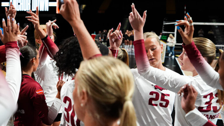 Arkansas Razorback volleyball after win in SEC/Big Ten Challenge