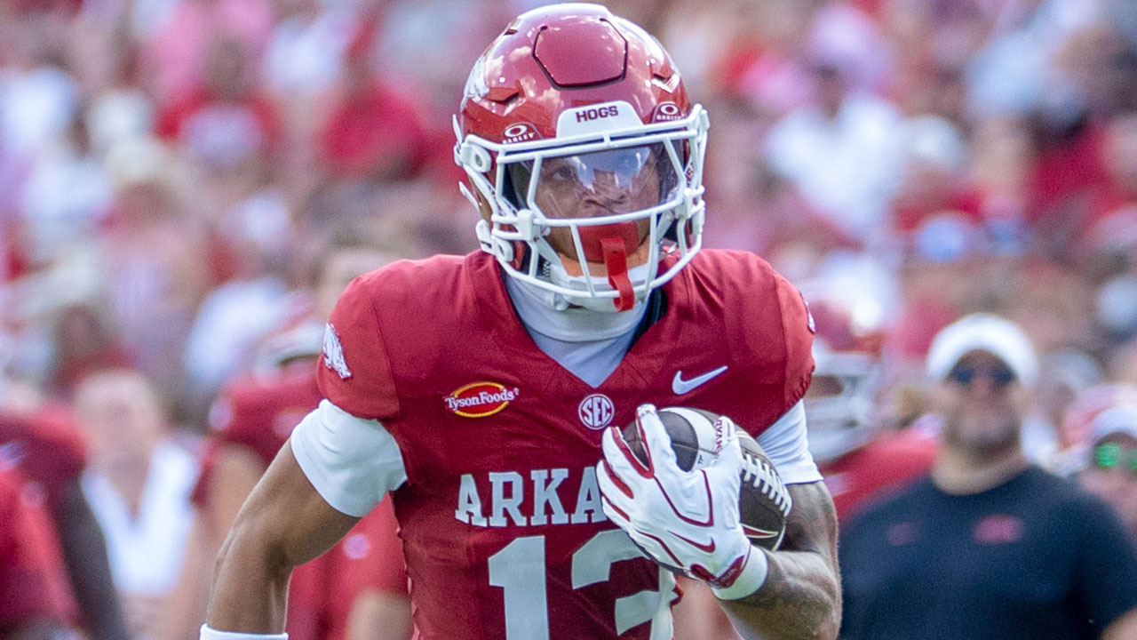 Arkansas Razorbacks wide receiver Jelani Watkins runs down the field after a catch against North Alabama at Razorback Stadium