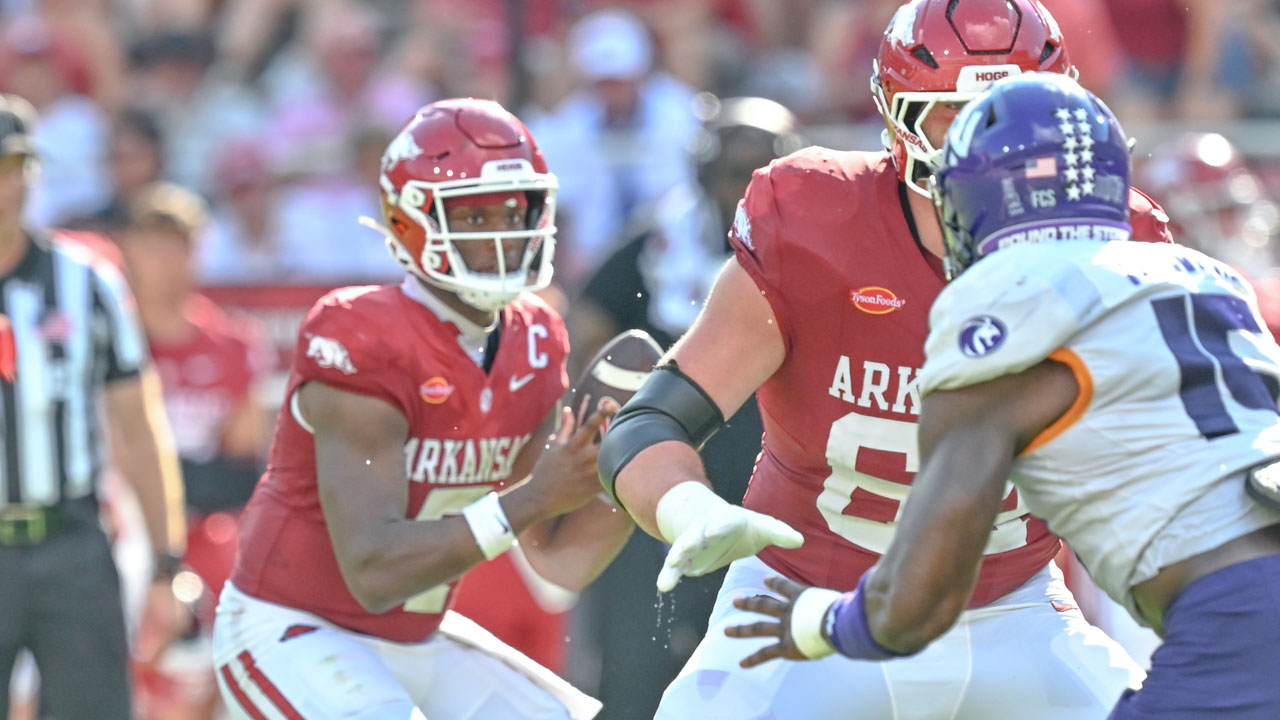 Arkansas Razorbacks quarterback KJ Jackson drops back against North Alabama at Razorback Stadium