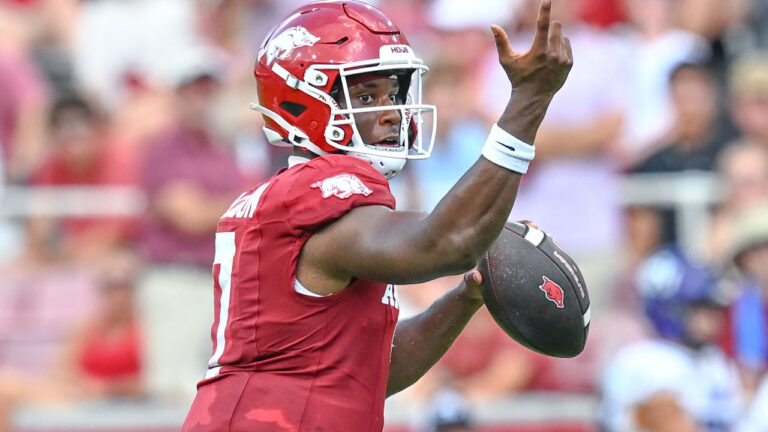 Arkansas Razorbacks quarterback KJ Jackson looks to pass against North Alabama at Razorback Stadium