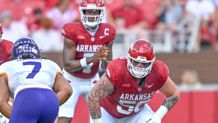 Arkansas Razorbacks center Kobe Branham during game against North Alabama at Razorback Stadium
