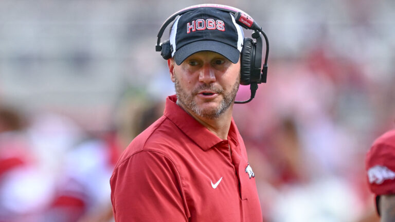 Arkansas Razorbacks coach Ryan Silverfield on the field against North Alabama at Razorback Stadium