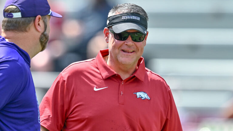 Arkansas Razorbacks offensive coordinator Tim Cramsey before game against North Alabama at Razorback Stadium
