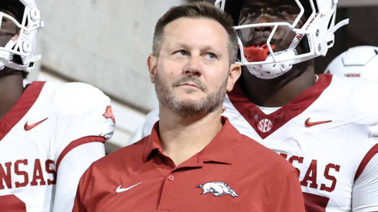 Arkansas Razorback football coach Ryan Silverfield before team comes out against the Utah Utes