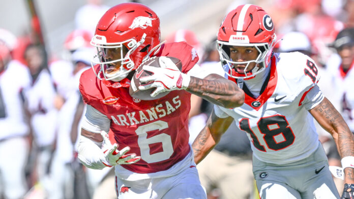 Arkansas Razorbacks wide receiver Chris Marshall runs after making a catch against the Georgia Bulldogs