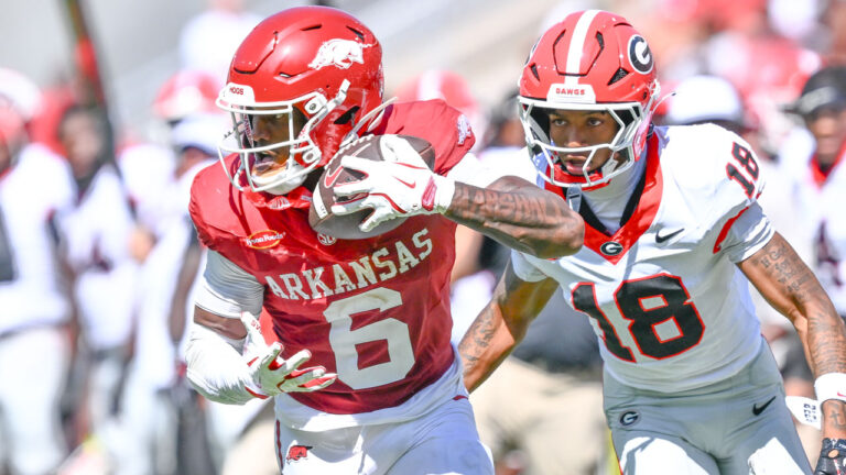 Arkansas Razorbacks wide receiver Chris Marshall runs after making a catch against the Georgia Bulldogs