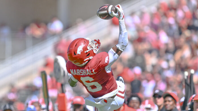 Arkansas Razorbacks wide receiver Chris Marshall goes up for a one-handed catch against Georgia in game at Razorback Stadium