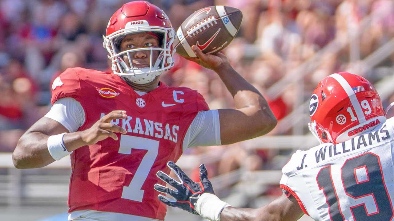 Arkansas Razorbacks quarterback KJ Jackson throws against the Georgia Bulldogs in a game at Razorback Stadium