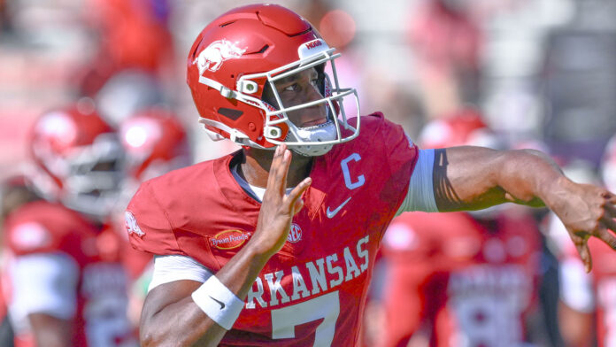 Arkansas Razorbacks quarterback KJ Jackson throws a pass against the Georgia Bulldogs in a game at Razorback Stadium