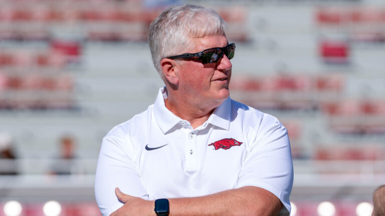 Arkansas Razorbacks defensive coordinator Ron Roberts in pregame warmups before game against the Georgia Bulldogs at Razorback Stadium